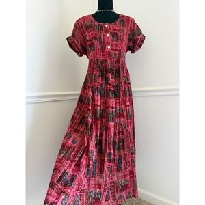Vintage La Cera Cotton Maxi Dress Boho Floral Pintuck Made in Nepal Sz S